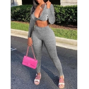 Lovely Casual V Neck Elastic Grey Two Piece Pants 