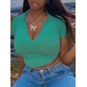 LW Casual V Neck Rib-Knit Blue T-shirt
