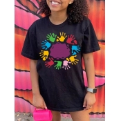 LW Casual Palm Print Patchwork Black T-shirt