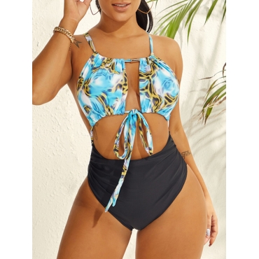 

LW Chic Bandage Hollow-out Design Print Blue One-piece Swimsuit