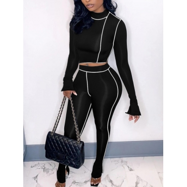 

LW Round Neck Striped Pants Set, Black