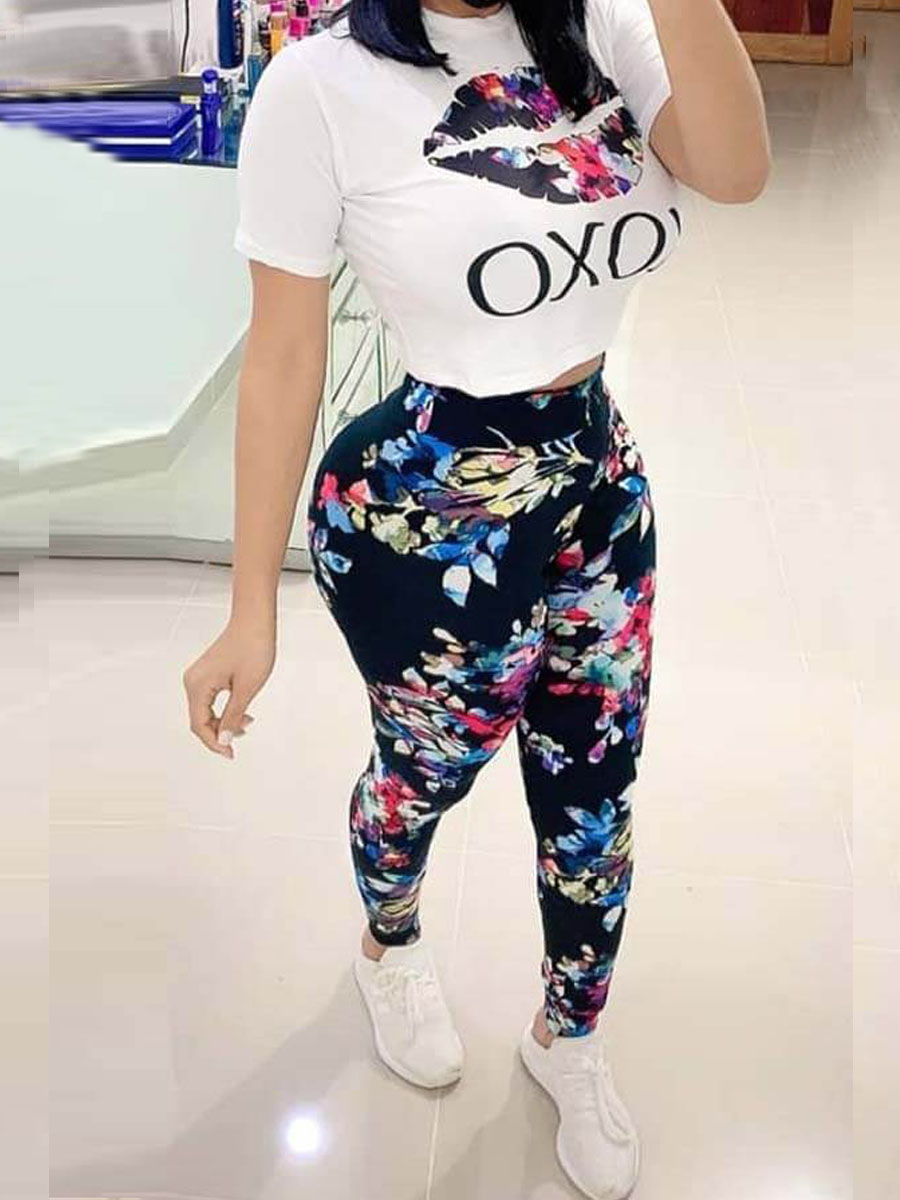 Lovely Casual O Neck Print Black Two-piece Pants Set