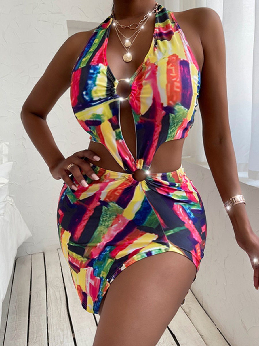 

Lovely Boho Backless Print Metal Ring Decoration Yellow One-piece Swimsuit