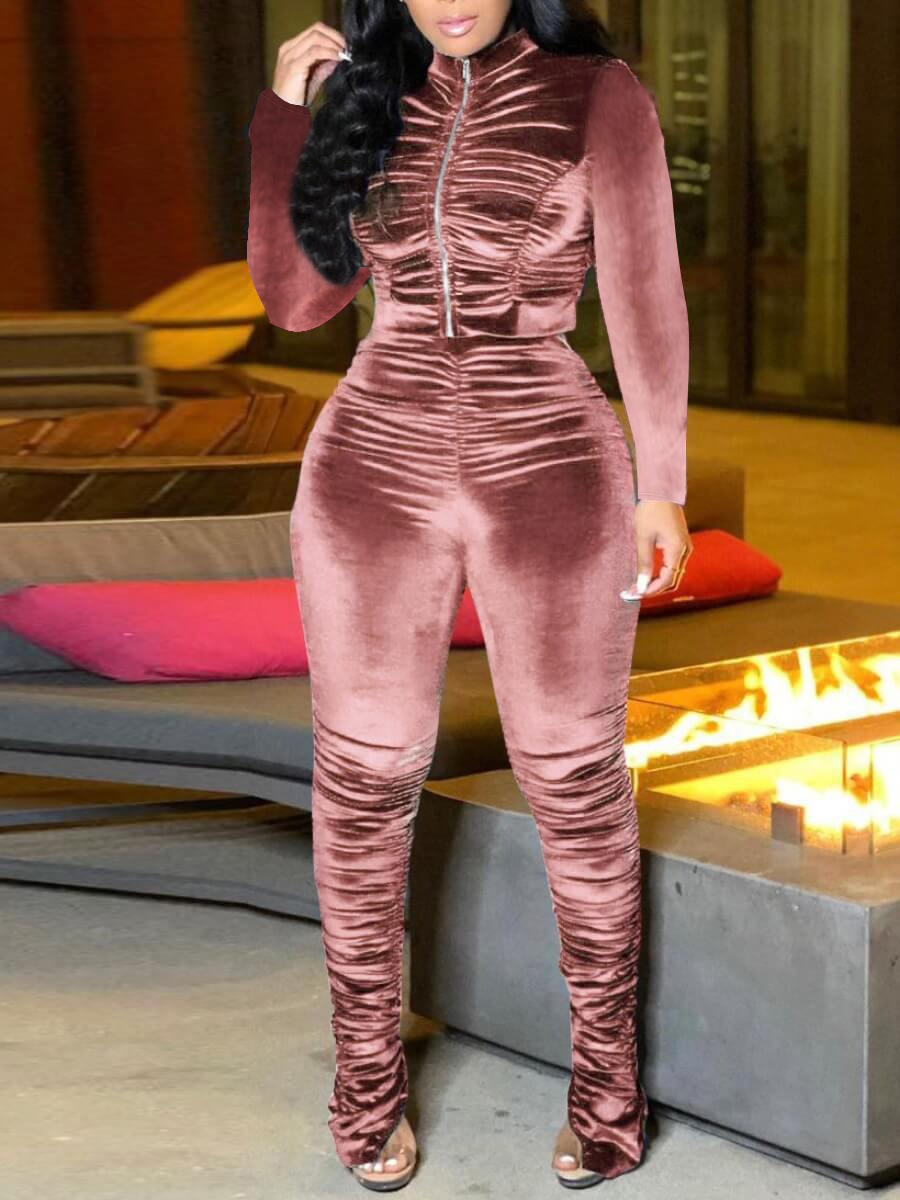 

LW Velvet Turtleneck Fold Zipper Design Pants Set, Pink