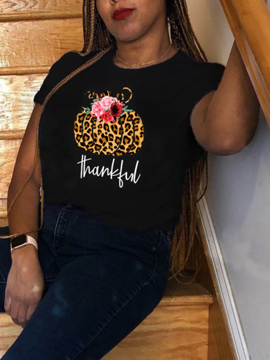 

Lovely Casual Letter Leopard Print Black Plus Size T-shirt