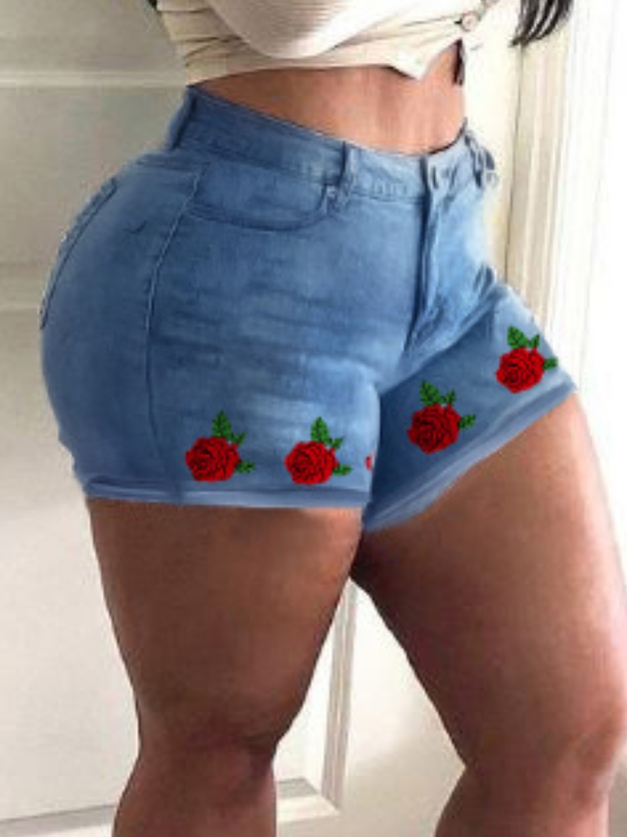 

Lovely Casual High-waisted Floral Print Blue Plus Size Denim Shorts