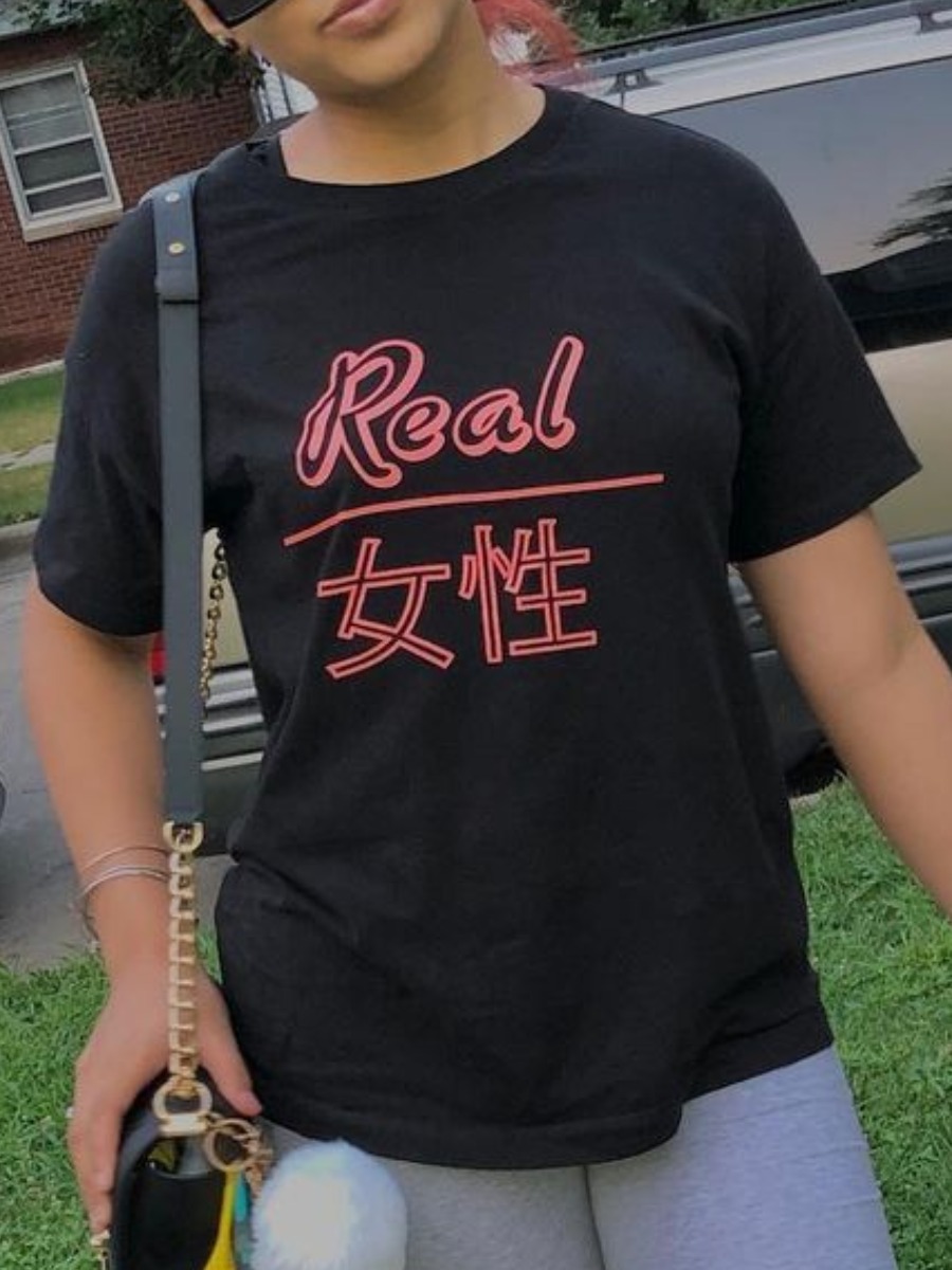 

Lovely Casual Chinese Character Letter Print Black T-shirt
