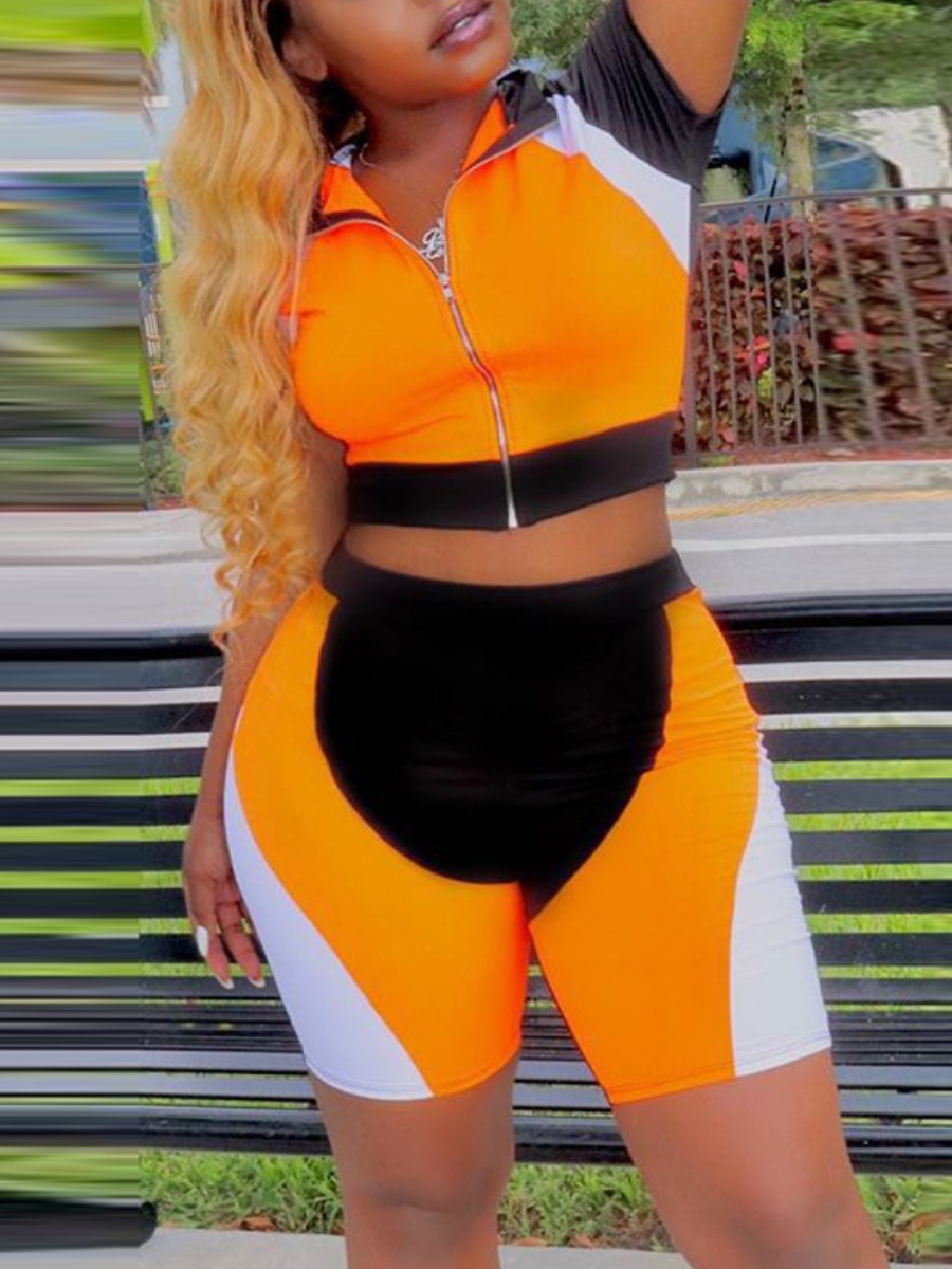 

LW Sporty Color-lump Patchwork Croci Two Piece Shorts Set