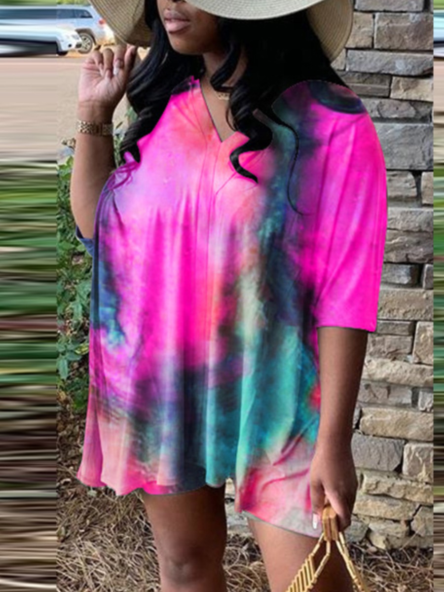 

Lovely Street V Neck Tie Dye Loose Rose Red Two Piece Shorts Set