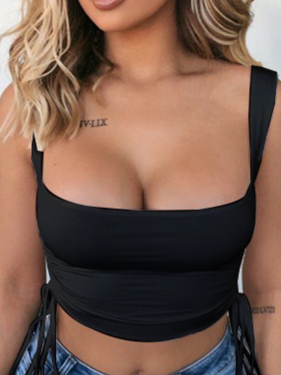 

Lovely Sweet Square Neck Drawstring Black Camisole