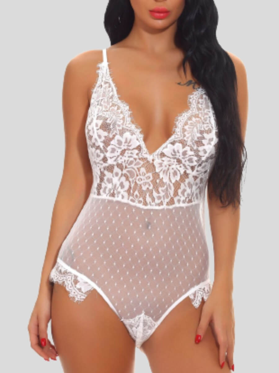 

Lovely Sexy V Neck Floral See-through White Teddies