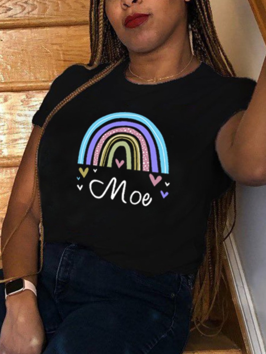 

Lovely Casual Rainbow Letter Print Black Plus Size T-shirt