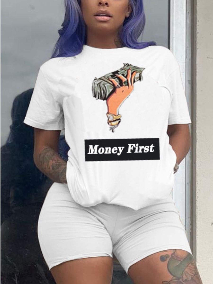 

LW Street Money Letter Print White Two Piece Shorts Set