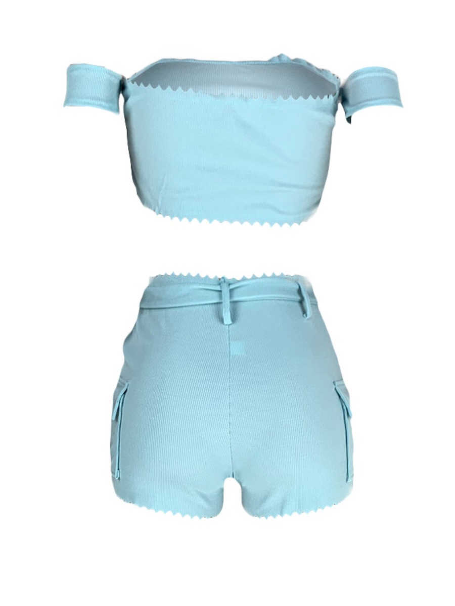 LW Street Off The Shoulder Rib-Knit Scalloped Blue Two Piece Shorts Set