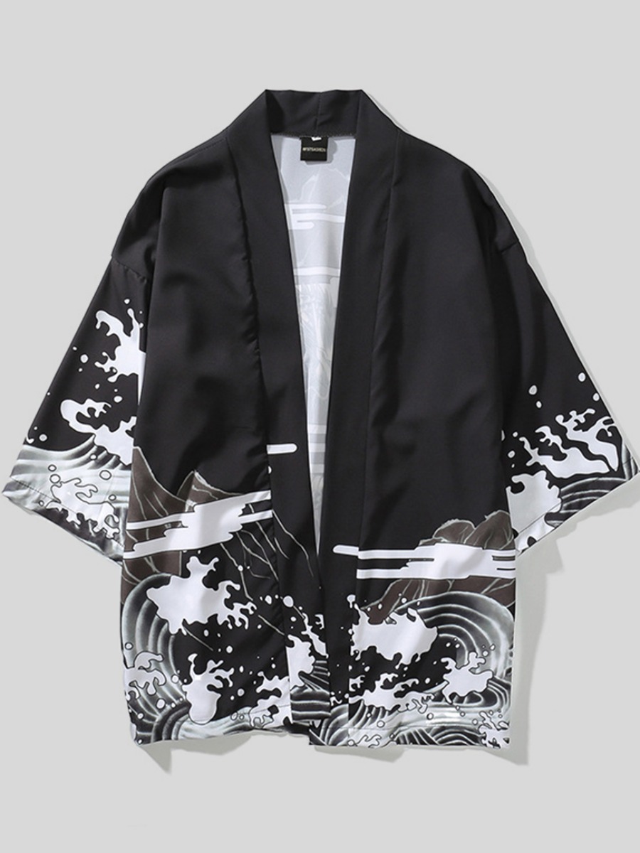 

Lovely Casual Dopped Shoulder Dragon Print Patchwork Black Men Shirt