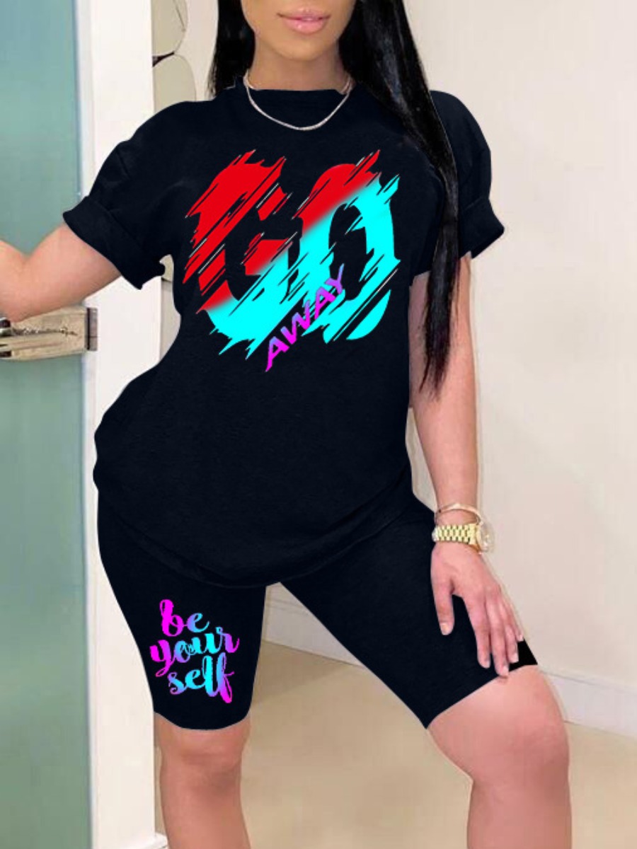 

LW Casual Letter Print Patchwork Black Two Piece Shorts Set