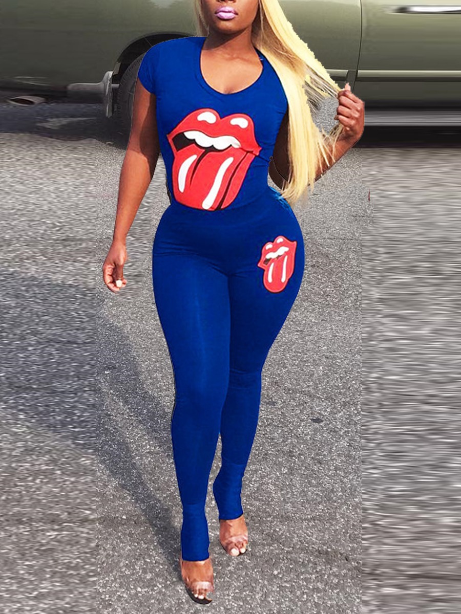 

Lovely Sporty U Neck Lip Print Blue Two Piece Pants Set, Royalblue