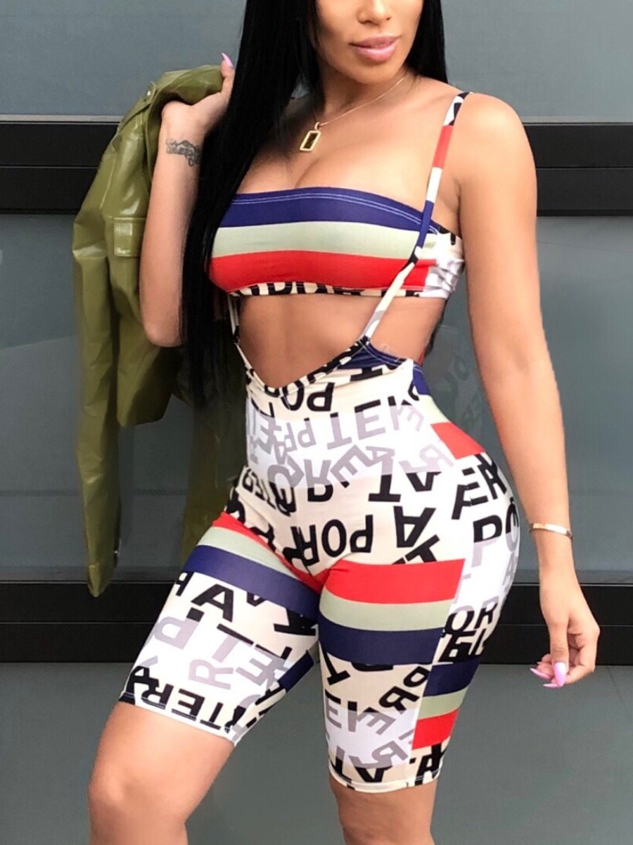 

Lovely Sporty Letter Print Striped White Two Piece Shorts Set