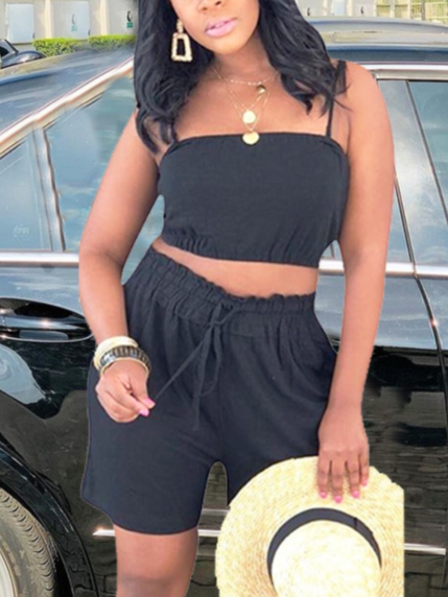 

Lovely Casual Drawstring Ruffle Design Black Two Piece Shorts Set