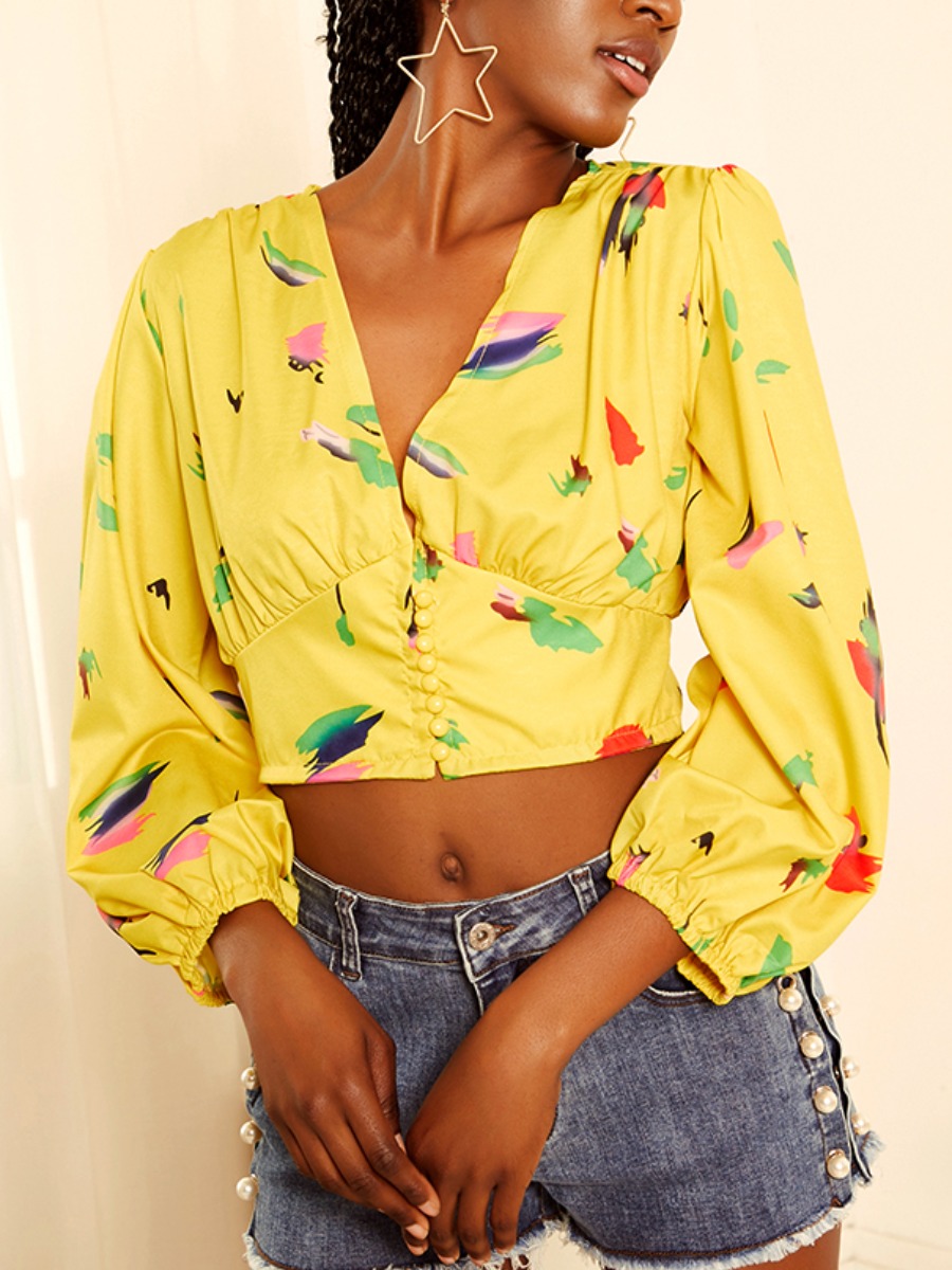 

Lovely Casual Deep V Neck Print Yellow Blouse