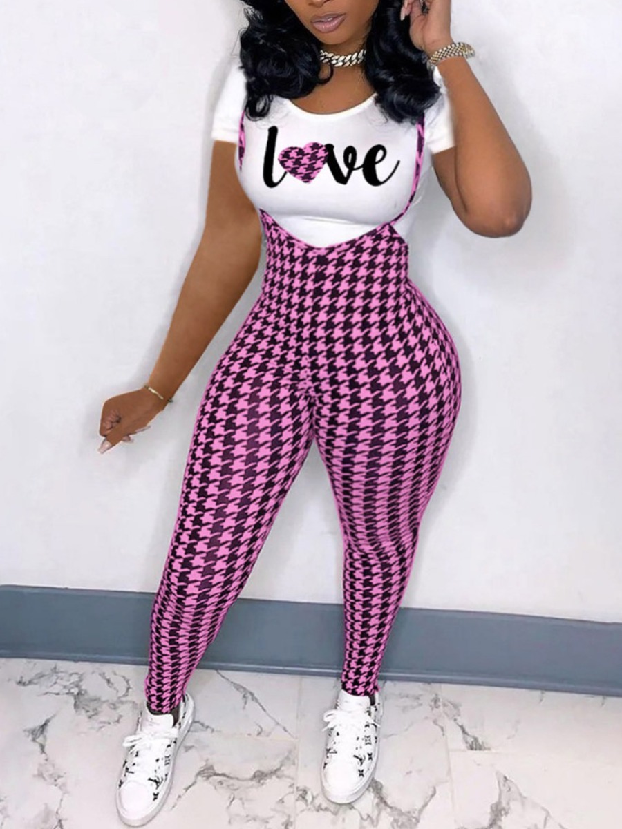 

LW Plus Size Casual O Neck Plaid Letter Print Pink Two-piece Pants Set