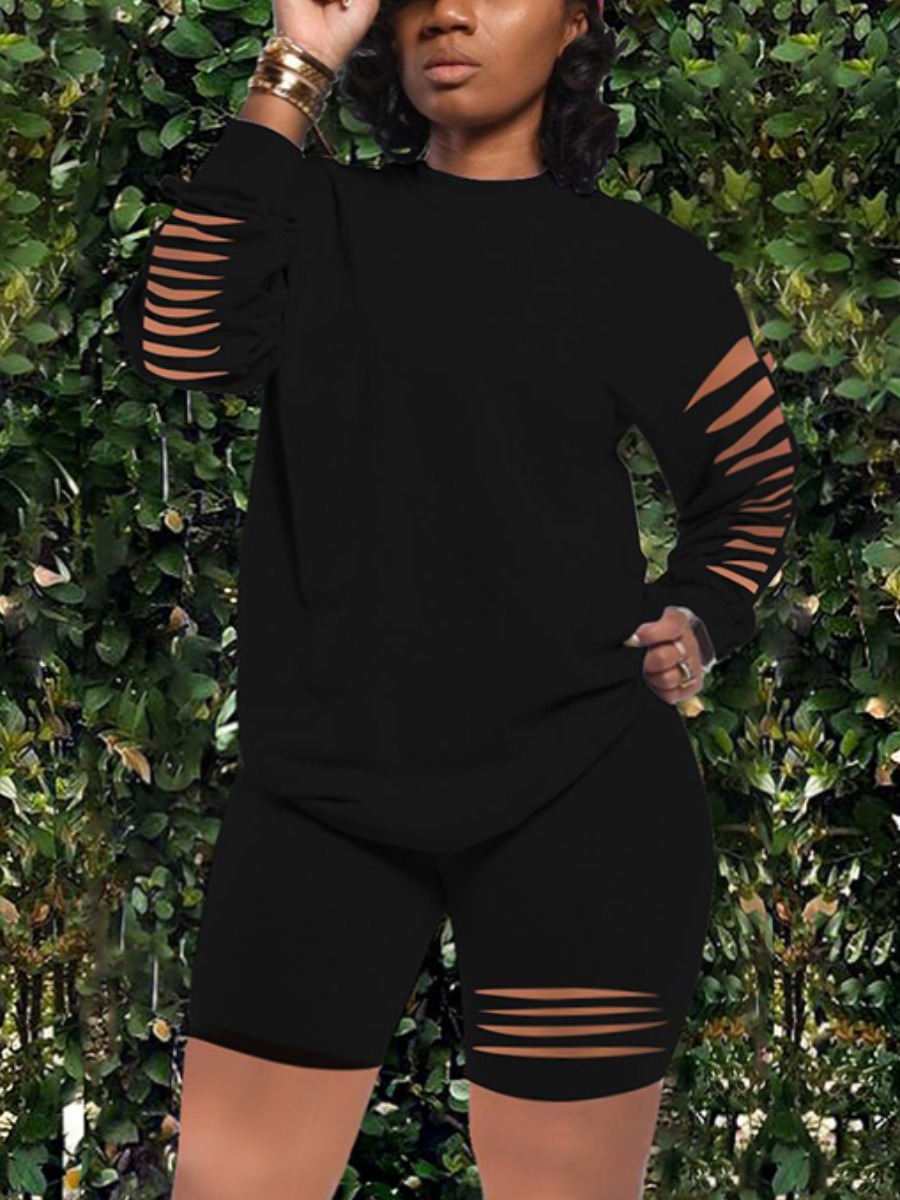 

Lovely Casual O Neck Broken Holes Black Plus Size Two-piece Shorts Set
