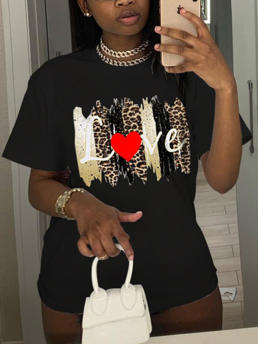 

Lovely Plus Size Casual Letter Leopard Print Black T-shirt