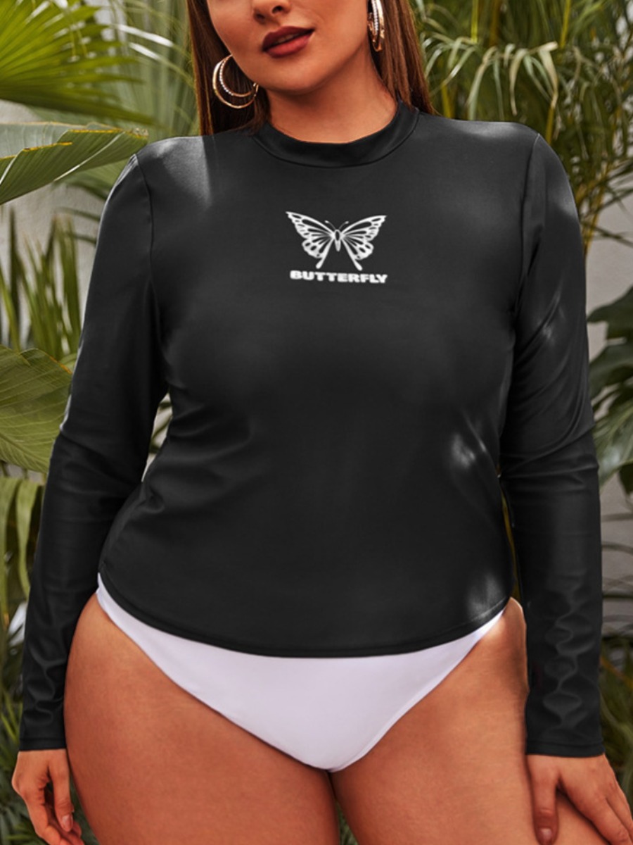 

Lovely Casual Butterfly Letter Print Black Plus Size One-piece Swimsuit