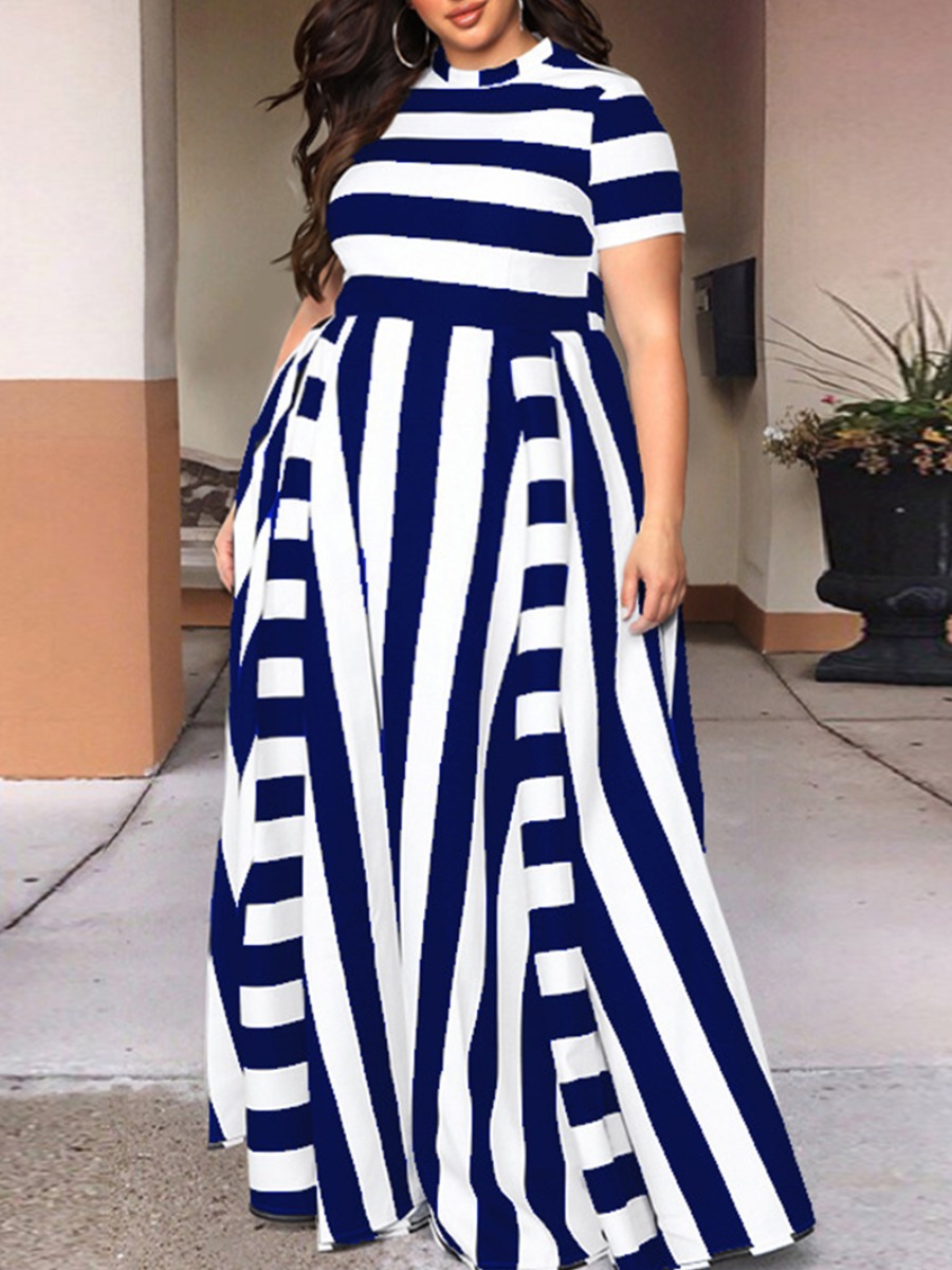 

Lovely Sweet Striped Patchwork Blue Floor Length A Line Plus Size Dress