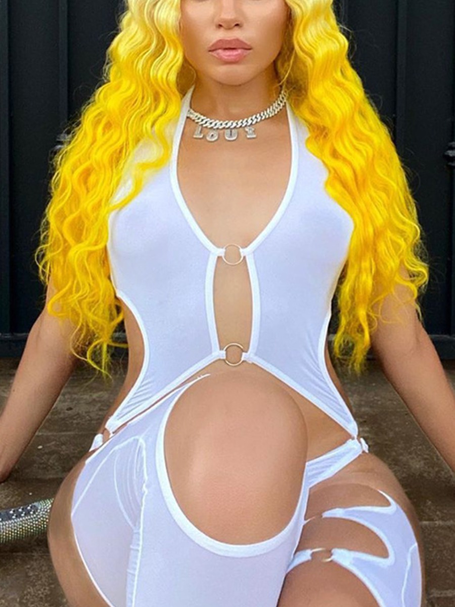 

Lovely Sexy Hollow-out Metal Ring Decoration White One-piece Jumpsuit