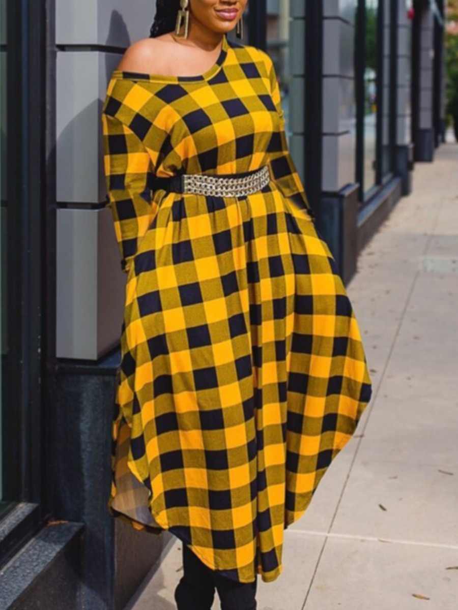 

Lovely Street Plaid Print Asymmetrical Yellow Mid Calf A Line Plus Size Dress