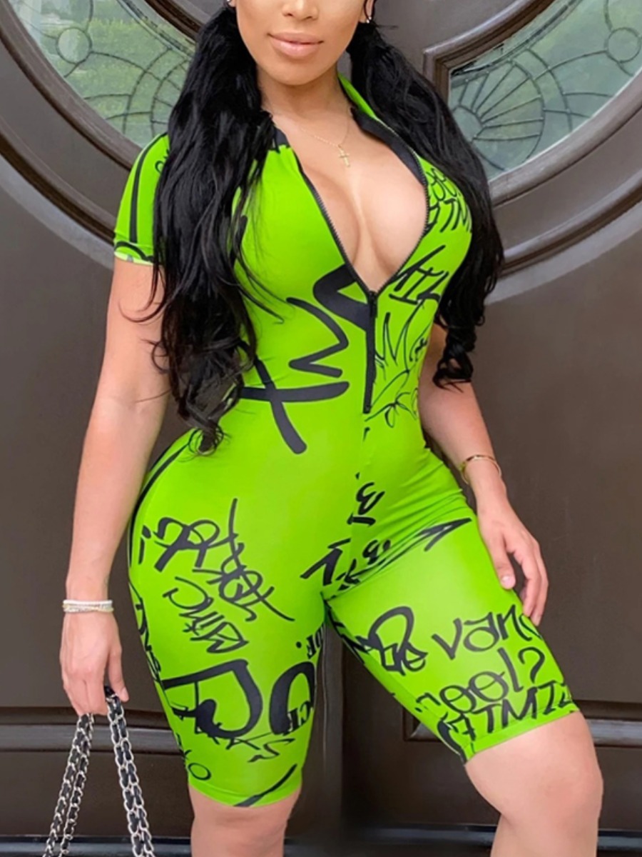

Lovely Plus Size Street Graffiti Print Zipper Design Green One-piece Romper