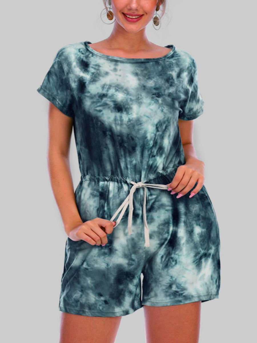 

Lovely Casual Tie-dye Drawstring Green Plus Size One-piece Romper