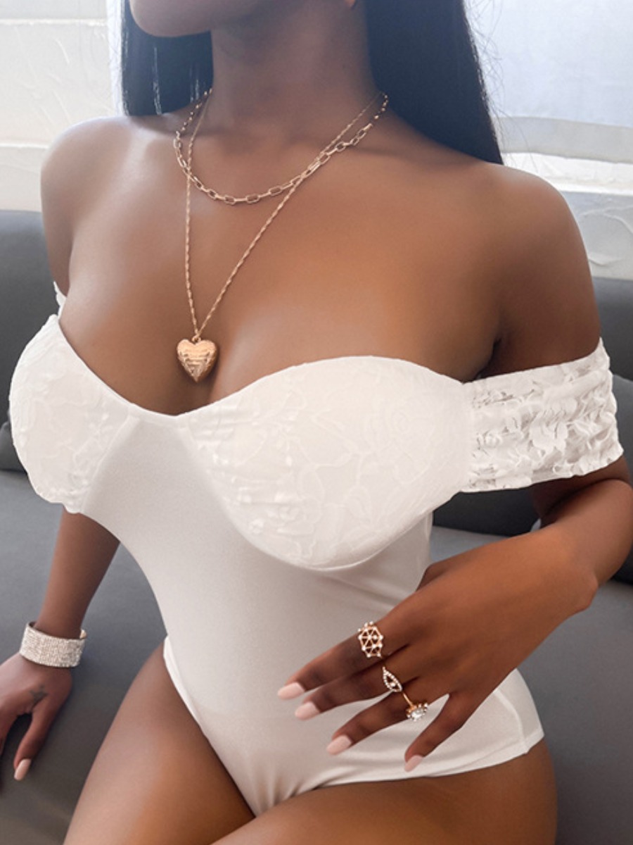 

Lovely Sexy Off The Shoulder Mesh Patchwork White Bodysuit