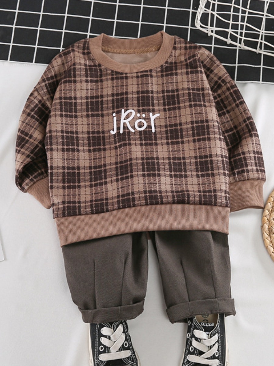 

Lovely Boy Street Plaid Letter Print Clay Two Piece Pants Set