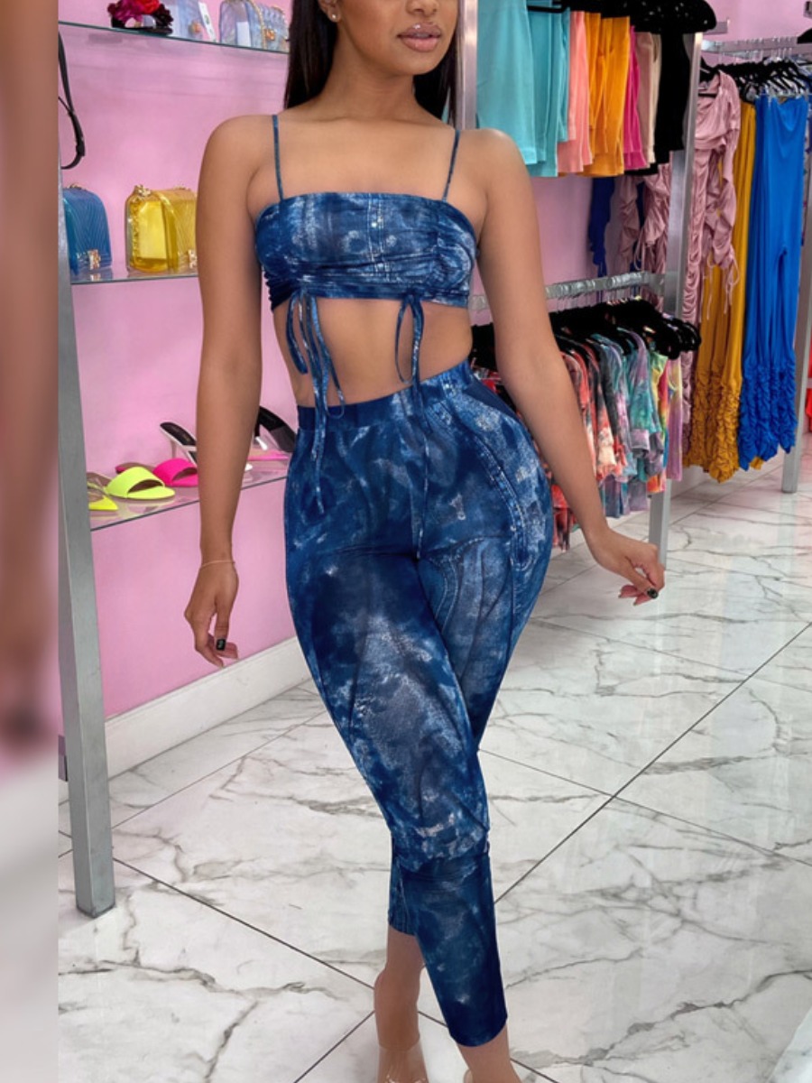 

Lovely Street Tie-dye Drawstring Blue Two Piece Pants Set