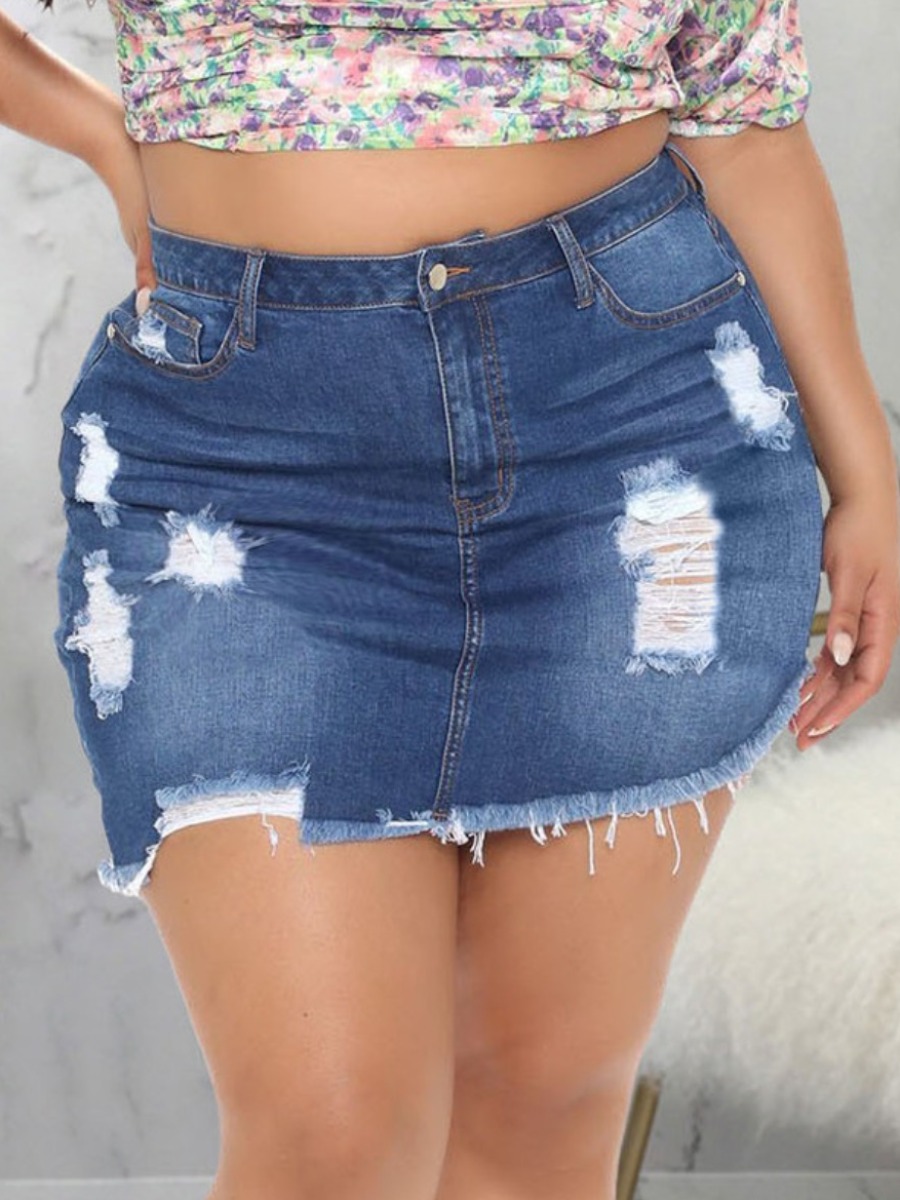 

Lovely Plus Size Street Ripped Raw Edge Deep Blue Denim Skirt
