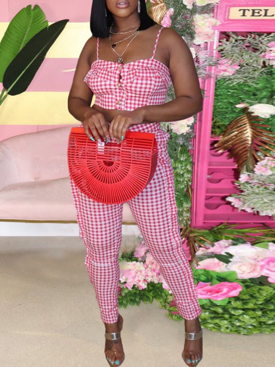 

Lovely Sweet Plaid Print Flounce Design Pink Two Piece Pants Set