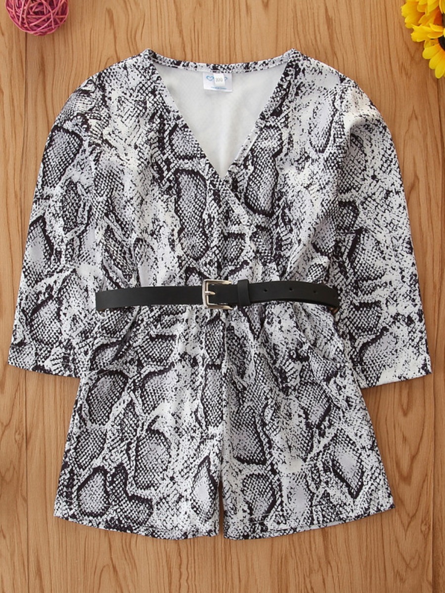 

Lovely Girl Street V Neck Cobra Print Cross-over One-piece Romper(With Belt