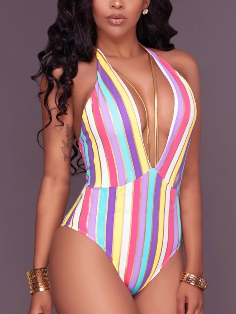 

Lovely Sweet Backless Striped Multicolor One-piece Swimsuit, Multi