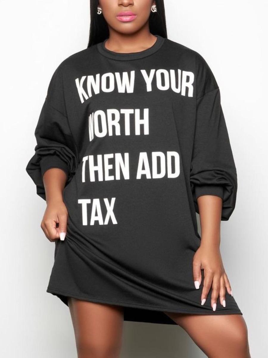 

LW Plus Size Dropped Shoulder Letter Print Sweat Dress, Black