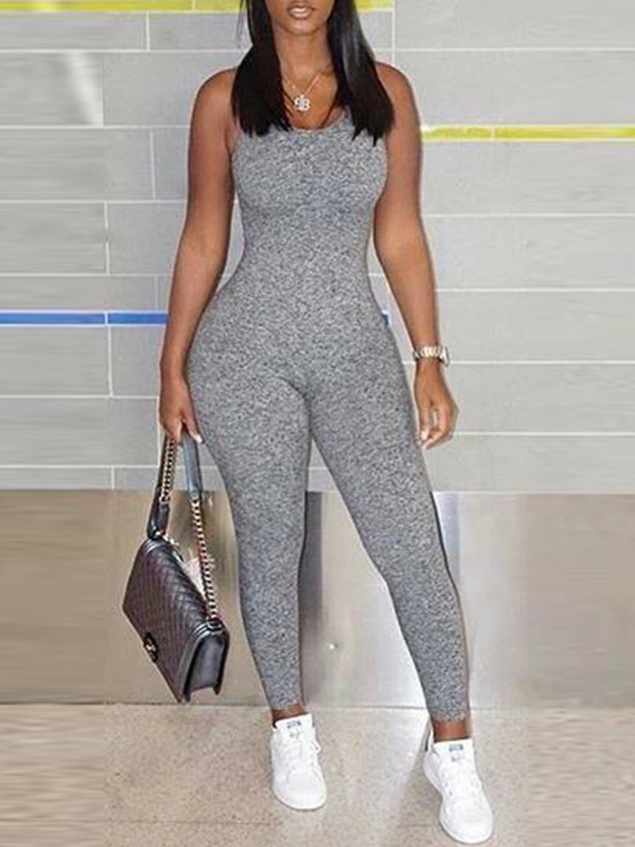 

LW Casual U Neck Basic Skinny Grey One-piece Jumpsuit