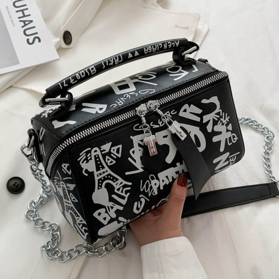 

LW Street Letter Print Patchwork Black Crossbody Bags