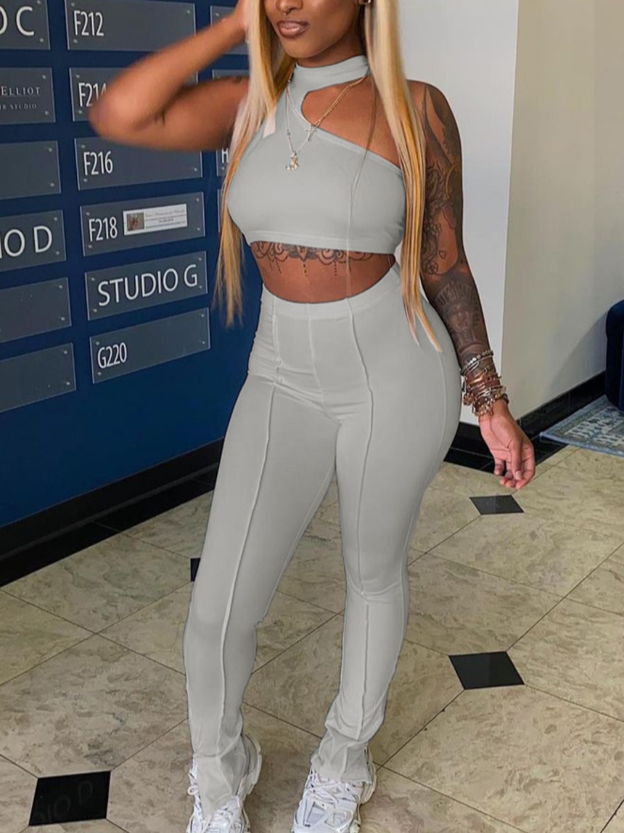 

Lovely Street O Neck Hollow-out Grey Two Piece Pants Set