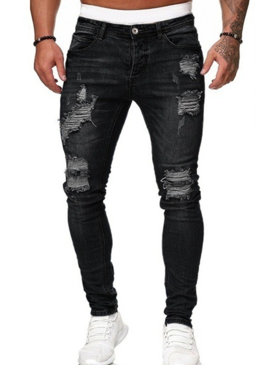 LW Men Casual Mid Waist Ripped Black Jeans