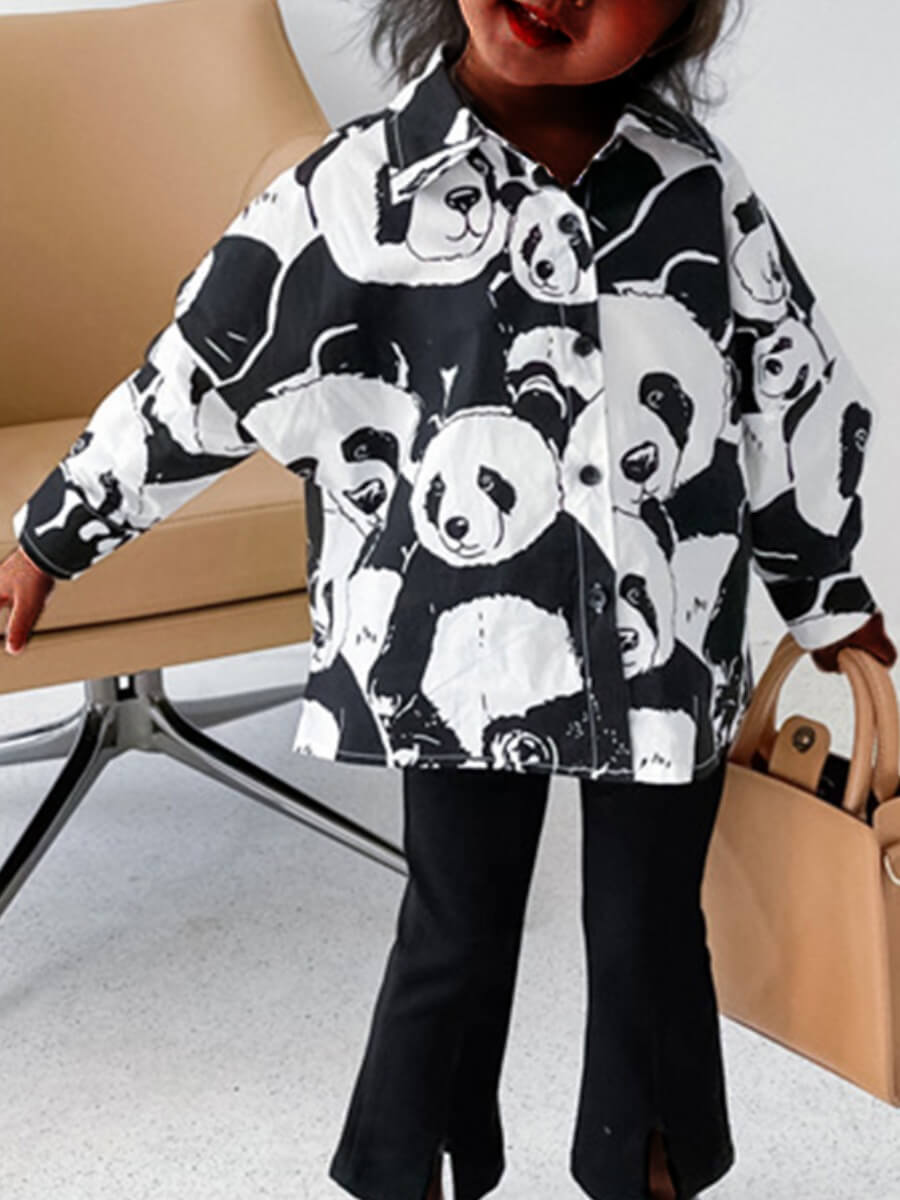 

Lovely Girl Street Panda Print Button Design Black And White Blouse