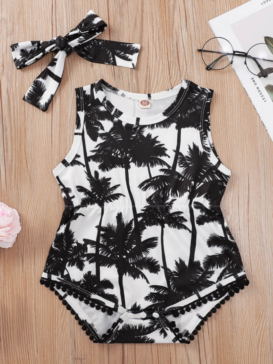 

Lovely Girl Boho O Neck Palm Tree Print Black And White One-piece Romper(With Headband