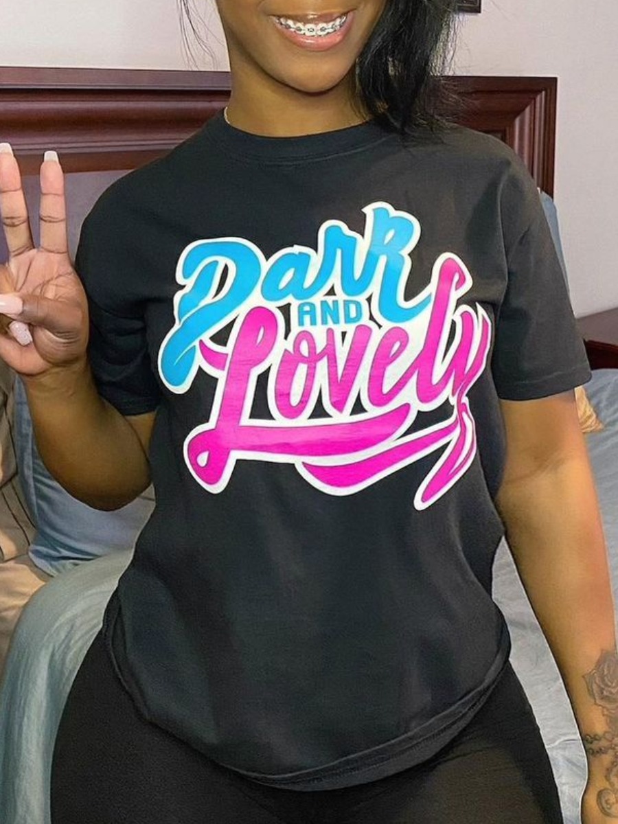 

Lovely Casual O Neck Letter Print Black Plus Size T-shirt