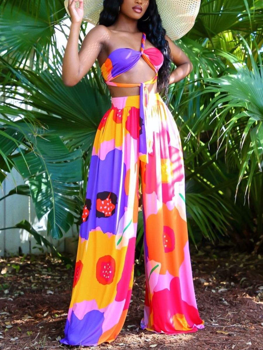 

Lovely Boho Print Bandage Hollow-out Design Red Two Piece Pants Set