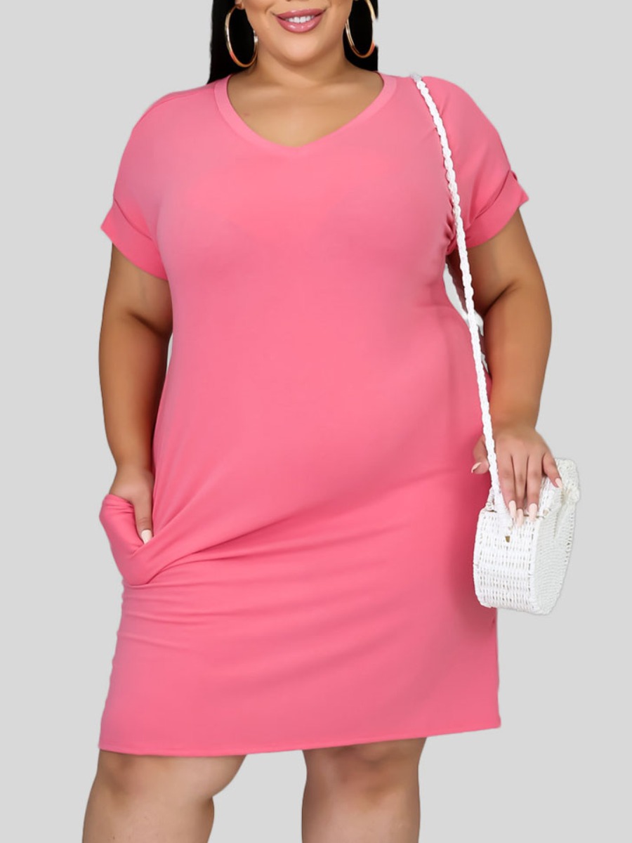 

Lovely Casual V Neck Pocket Design Rose Red Knee Length Plus Size Dress